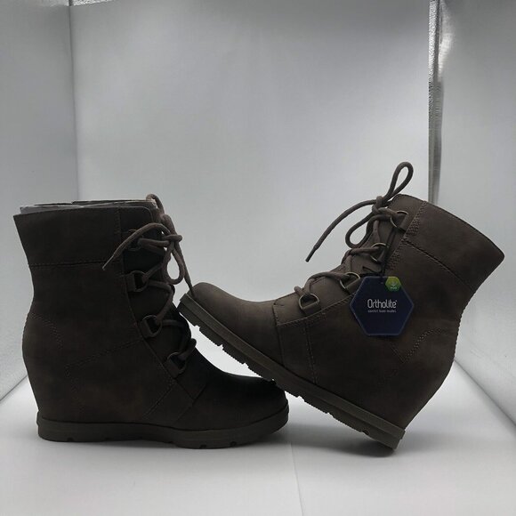 Ortholite beige hidden wedge platform ankle booties boots lace up sz 10 - Picture 5 of 13